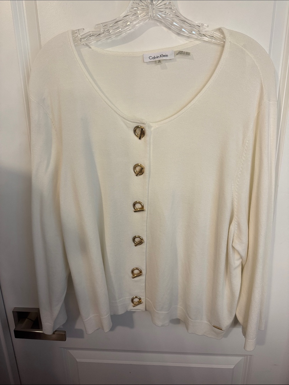 Calvin Klein Ivory V-Neck Cardigan with Gold Accent Buttons